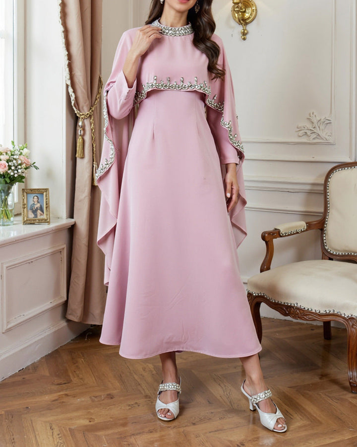 long-sleeve flare dress with embellished cape – AMARAIL