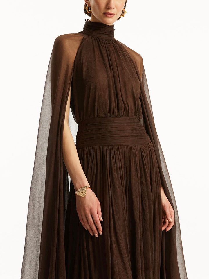 high-neck gown with sheer cape overlay – NOIRIPU