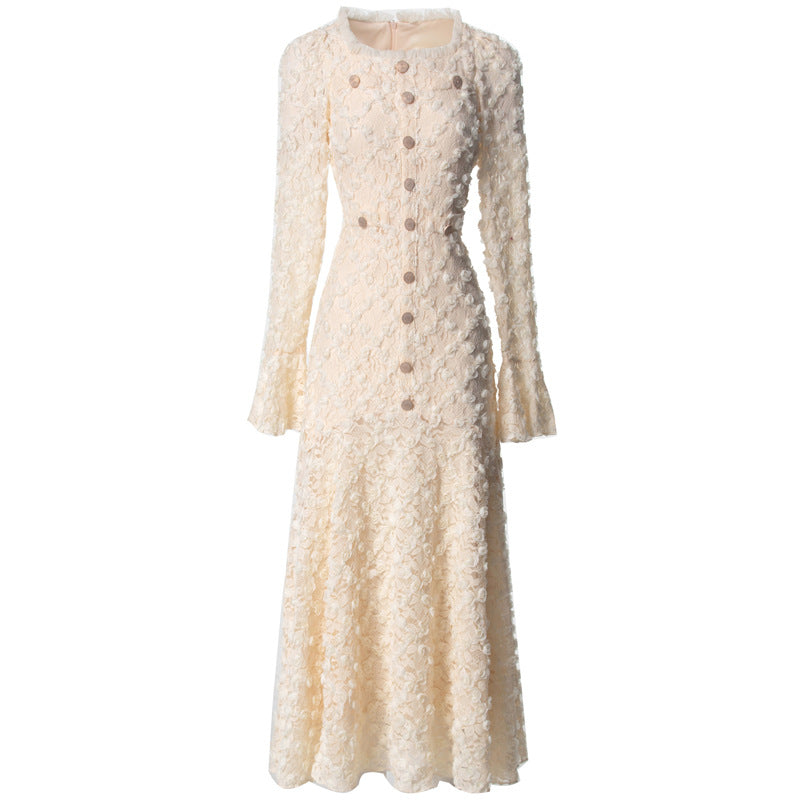 textured lace midi dress with flared sleeves – ESMÉE