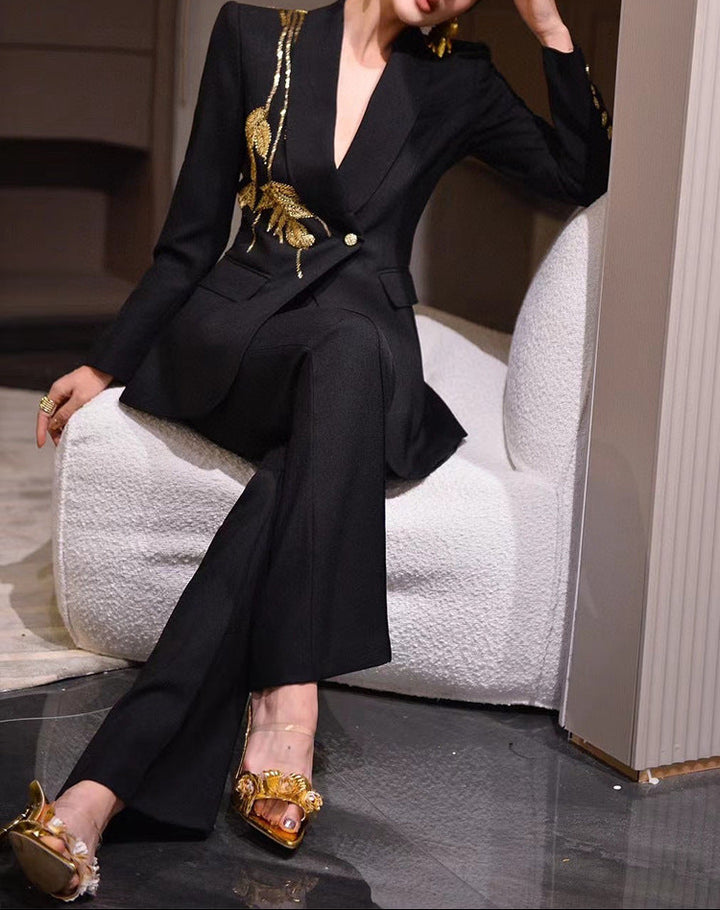 tailored flare pantsuit with structured peak lapels – AURORA