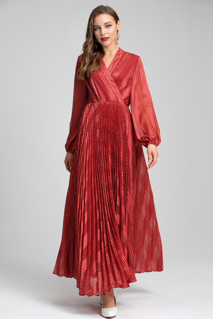 Red Metallic Pleated Wrap Dress – Ruby