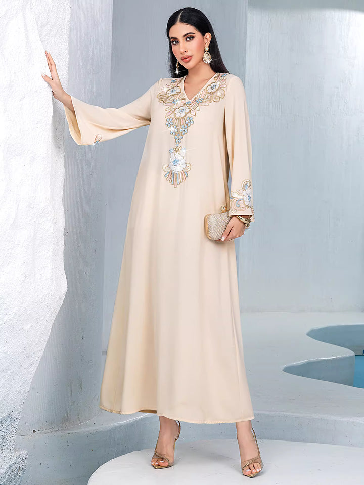 Embroidered V-neck maxi dress – LUMIÈRE