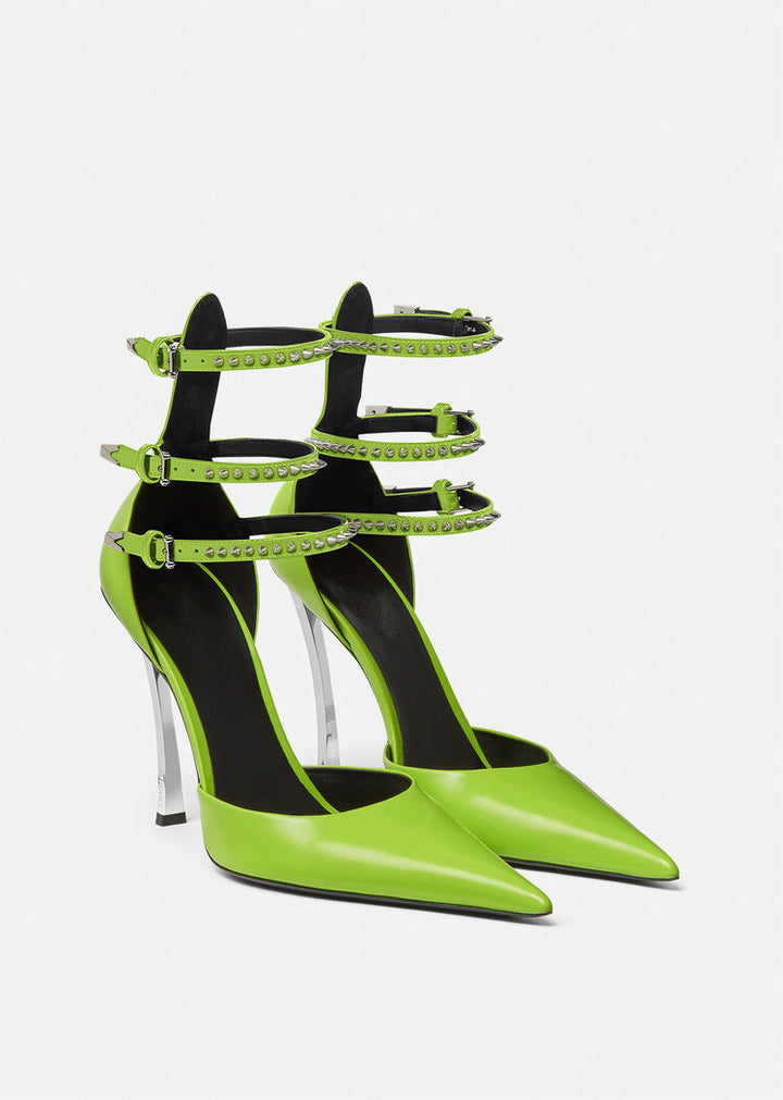 triple-strap pointed-toe heels with studded details – AURORA