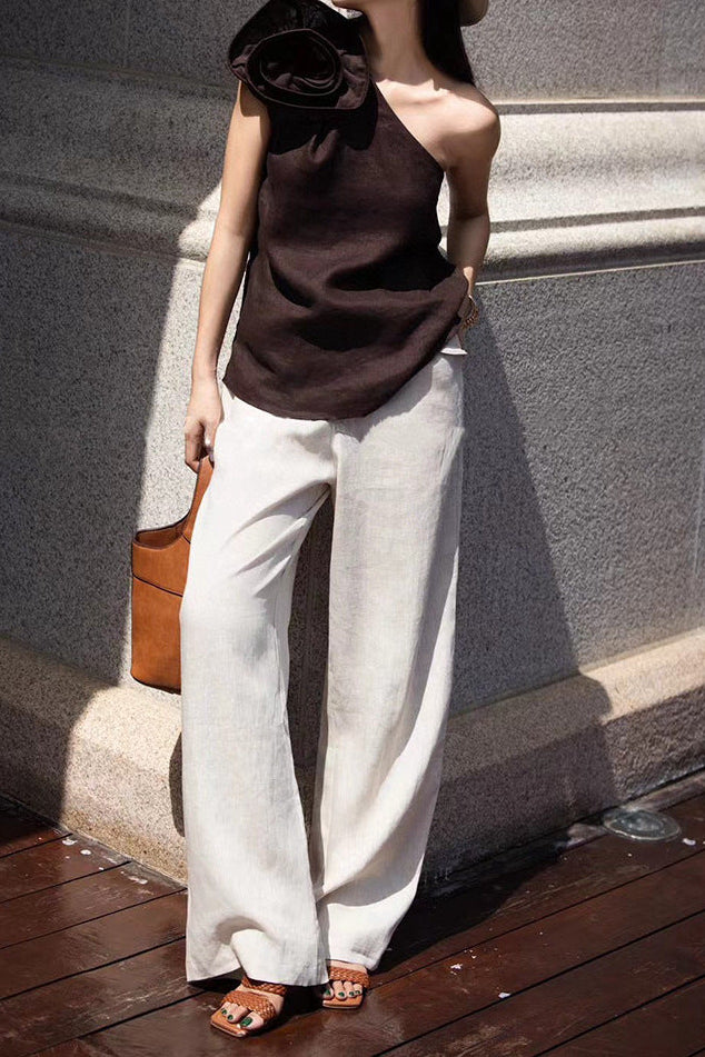 one-shoulder draped top with wide-leg linen trousers – IVORY