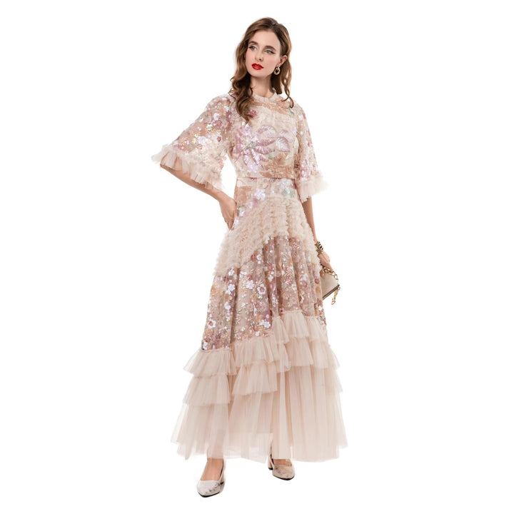 sequin-embroidered tulle gown with layered ruffle skirt – LUMIARA