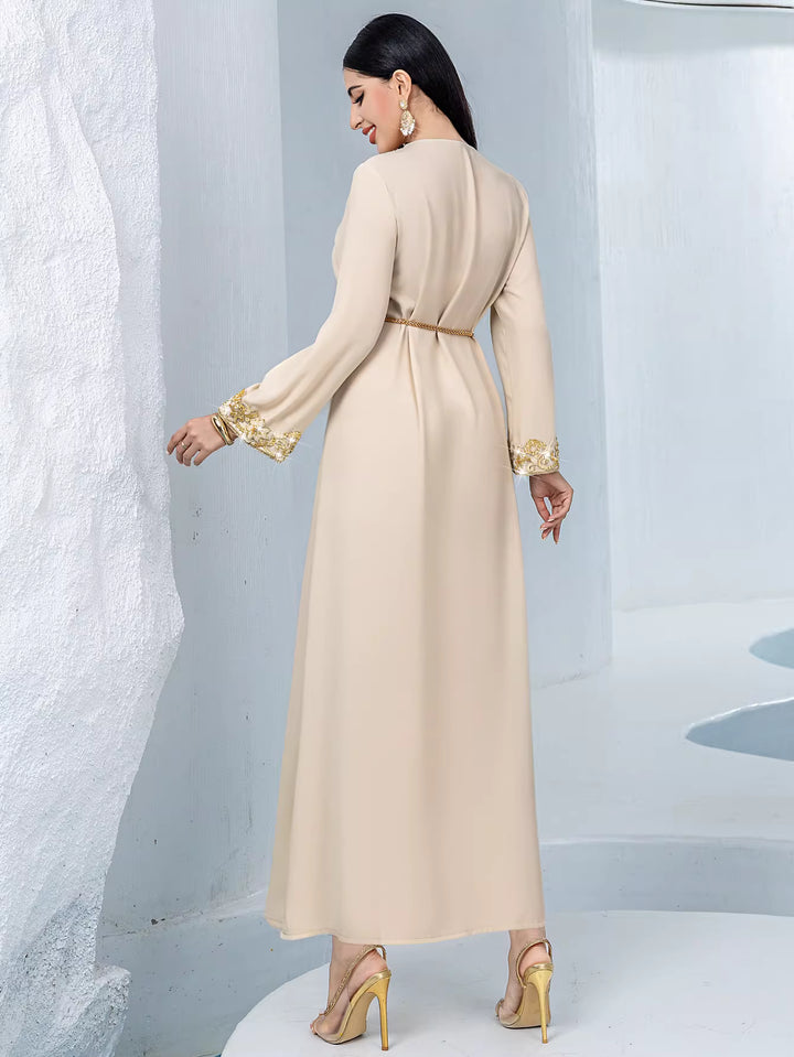 embroidered V-neck long abaya with waist belt – AURELIA