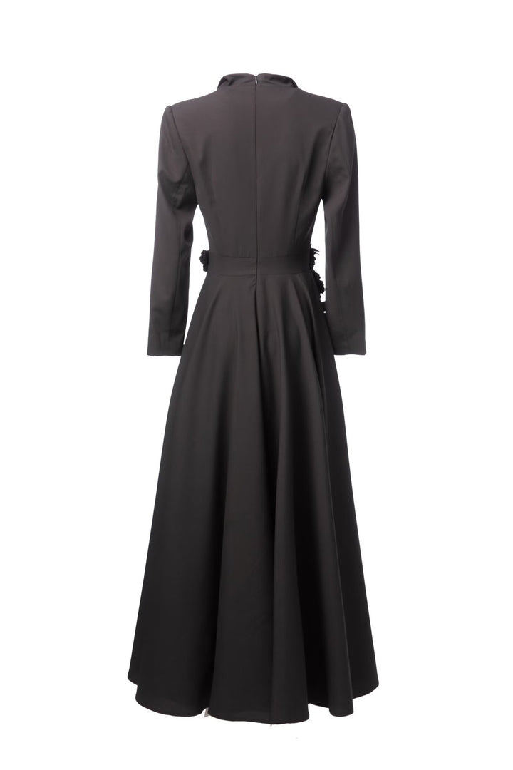 tailored double-breasted maxi dress with floral waist appliqué – ROSE