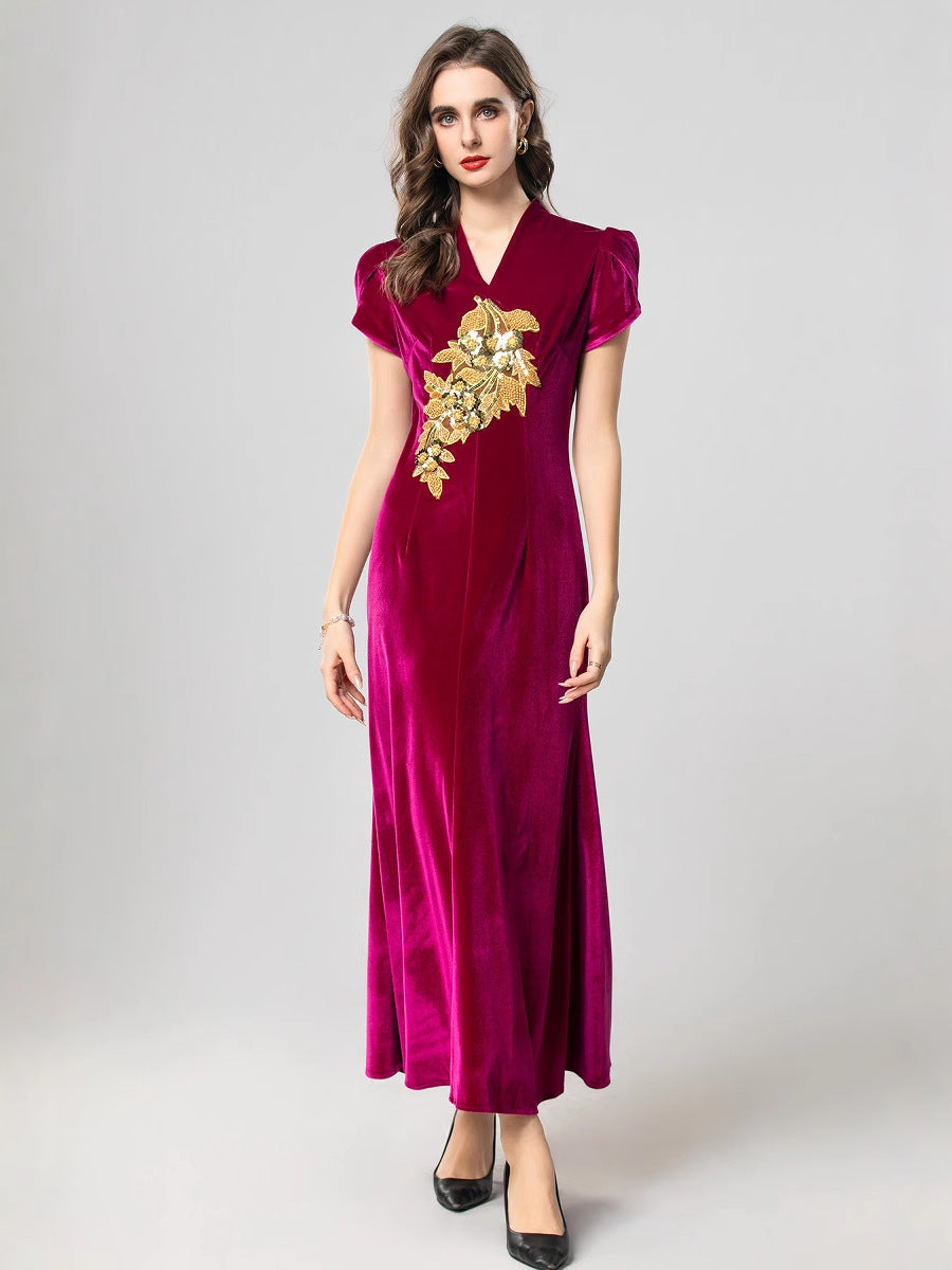 velvet gown with gold floral embroidery – AURELIA