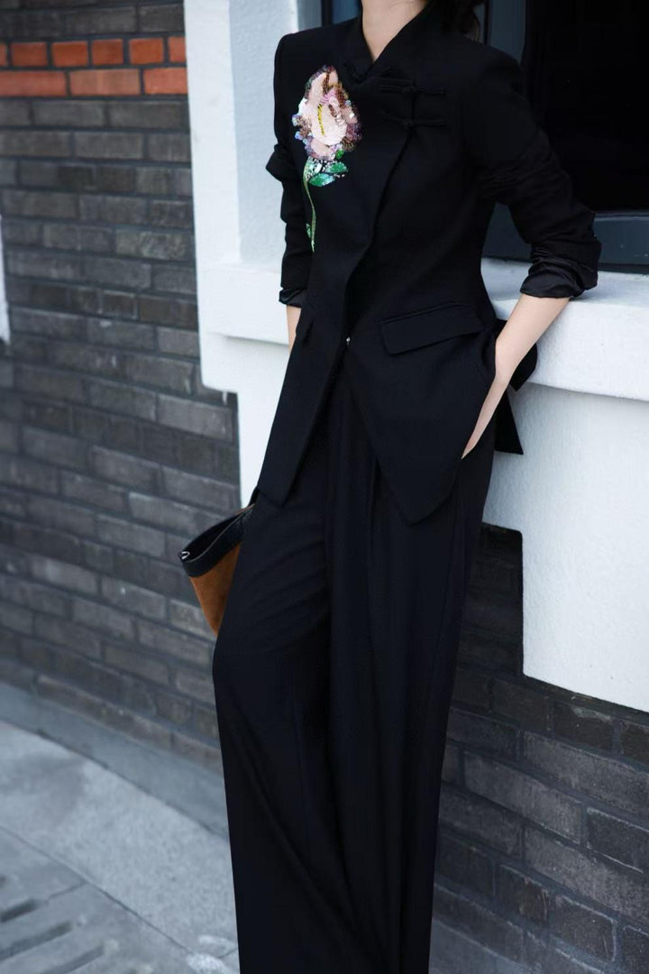 black tailored blazer with sequin floral embroidery – ARLETTE