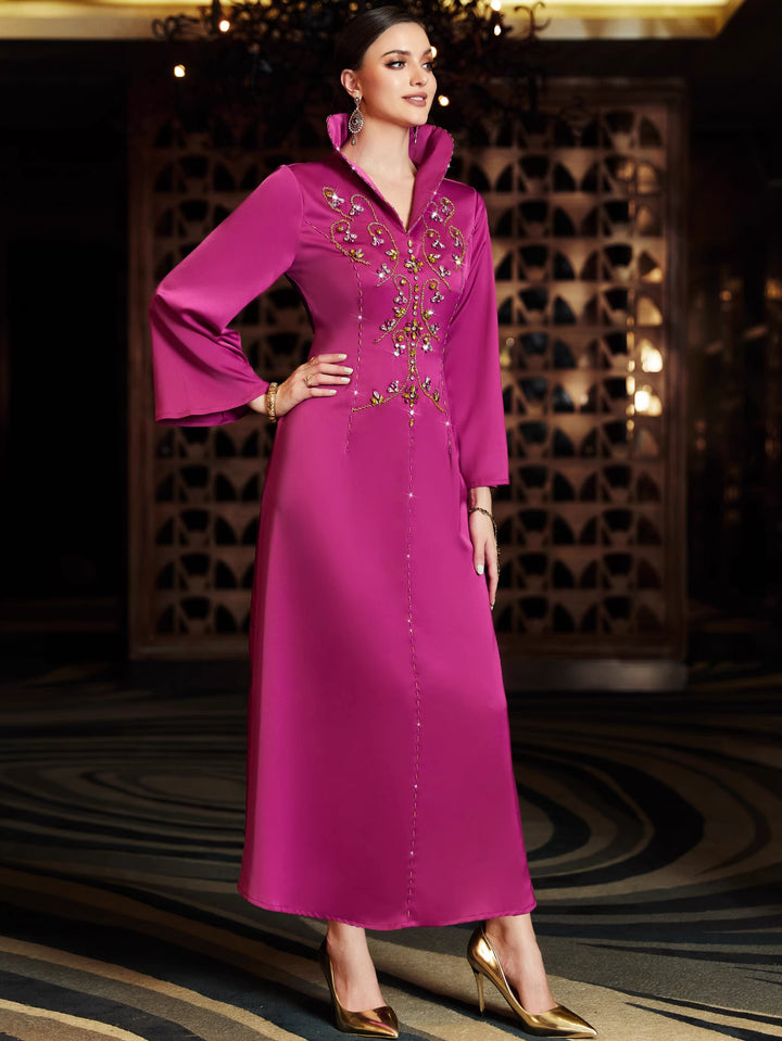 long sleeve column dress with embellished collar - FARAH