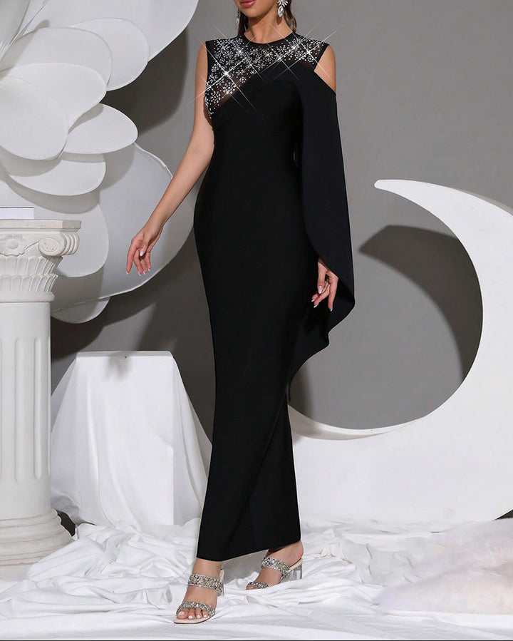 sleeveless column dress with embellished mesh and side cape – NOIR