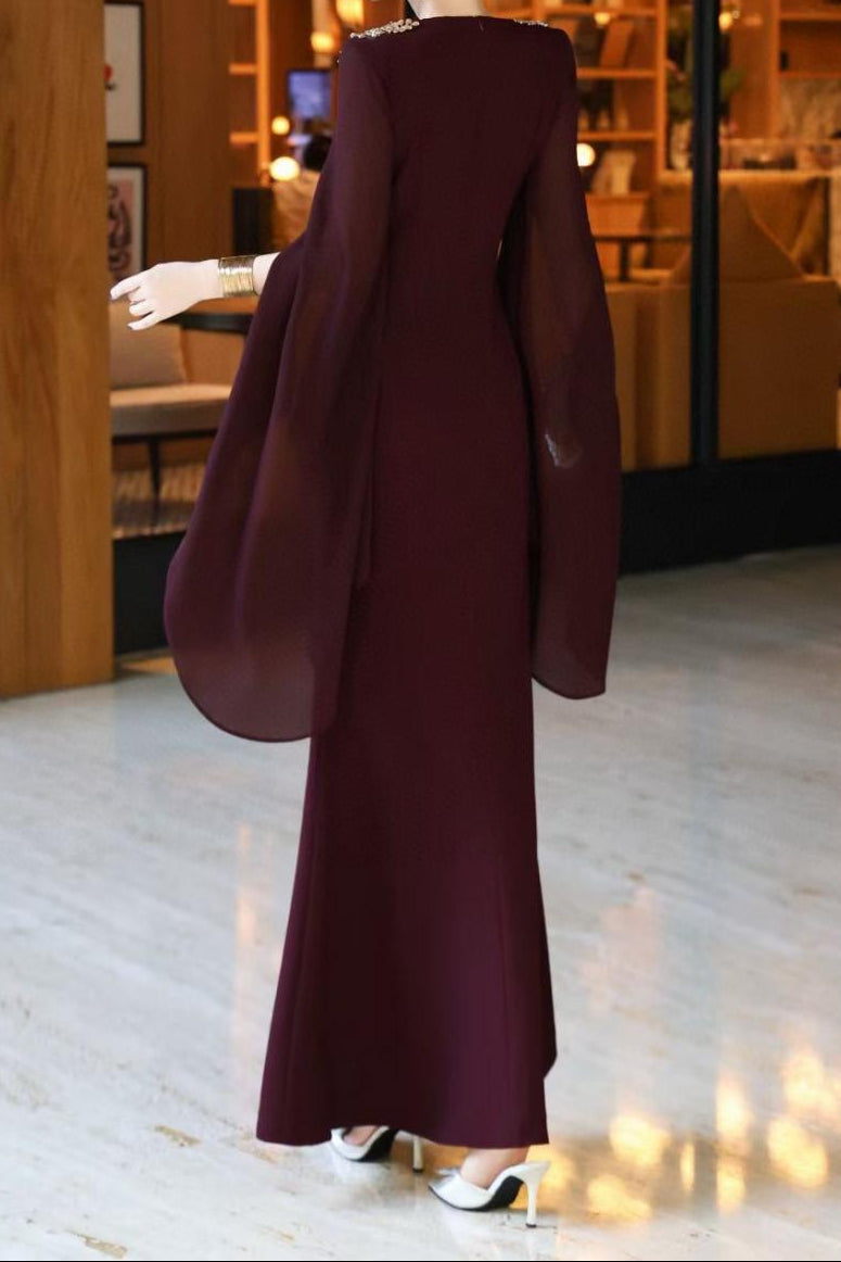 cape-sleeve mermaid dress with embellished shoulders – ROSABELLE