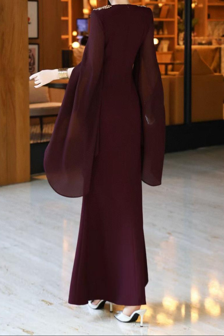 cape-sleeve mermaid dress with embellished shoulders – ROSABELLE