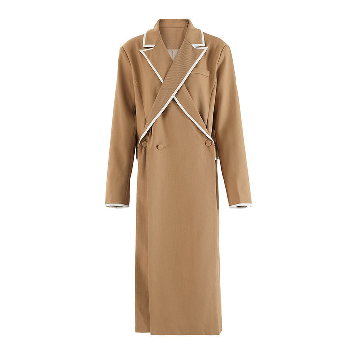 double-breasted long tailored coat with contrast piping – CAMILLE