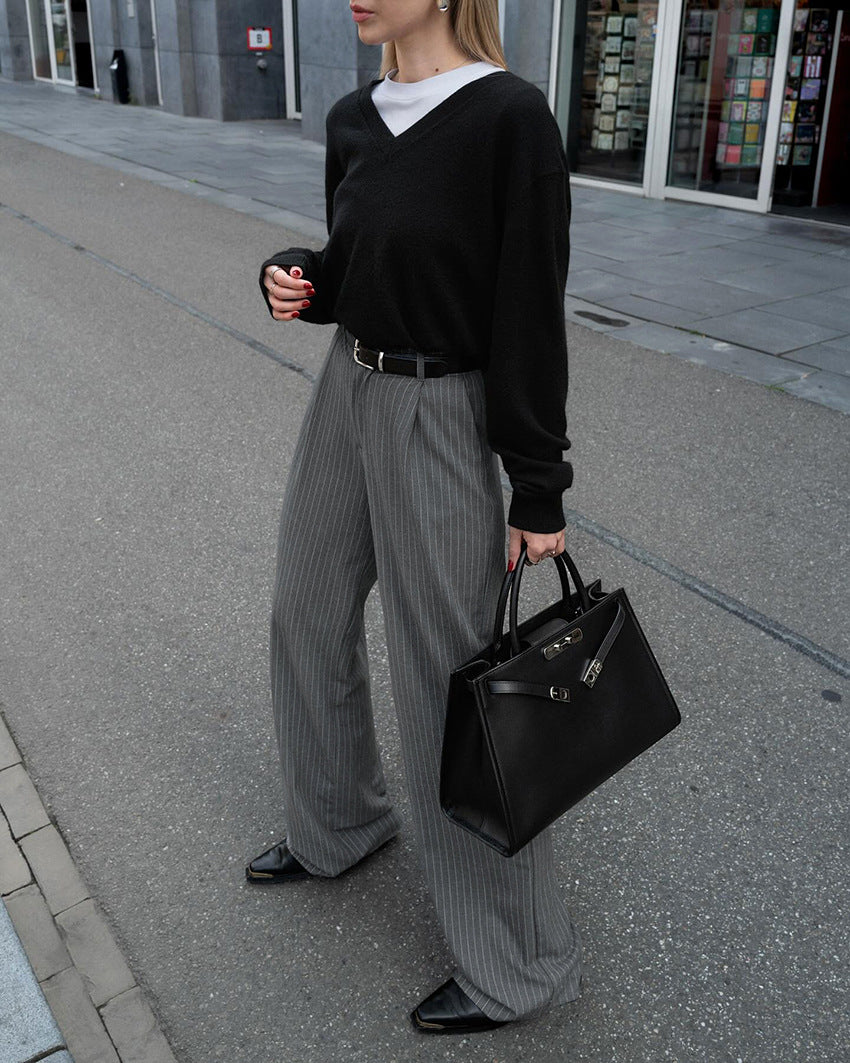 pinstripe tailored wide-leg trousers with high waist – VICTOIRE