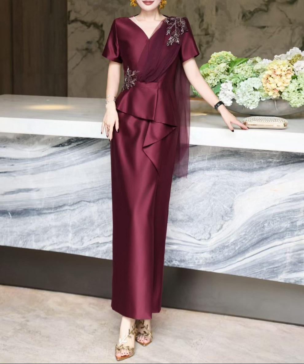 v-neck satin gown with embellished floral drape – NAVIA