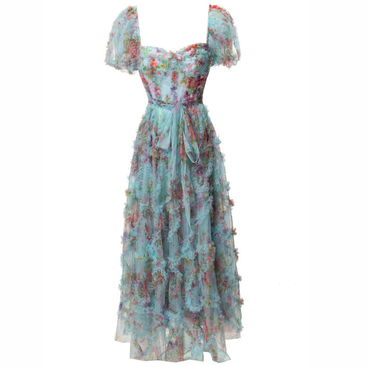 puff sleeve tiered tulle gown with floral appliqué - AUROZRA