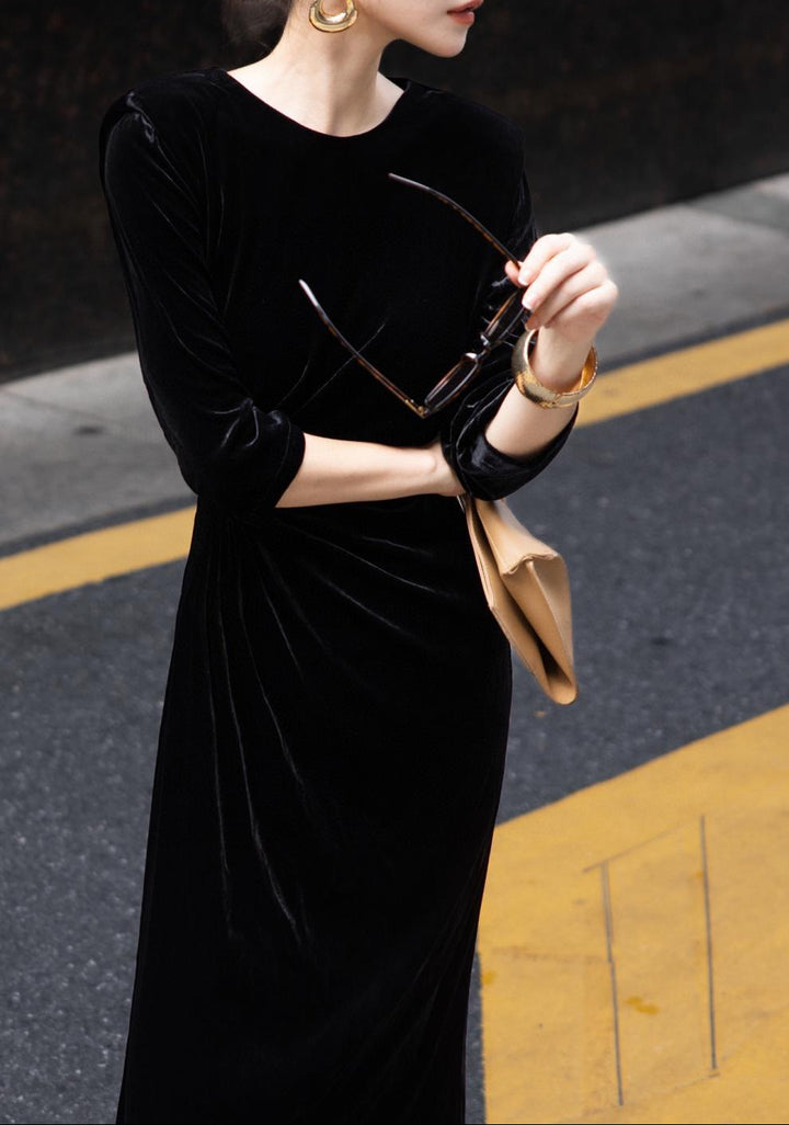 velvet draped column dress with side twist – MIDNIGHT