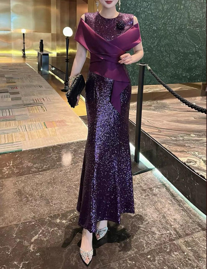 sequin mermaid dress with satin cross-wrap bodice – VIOLETTA