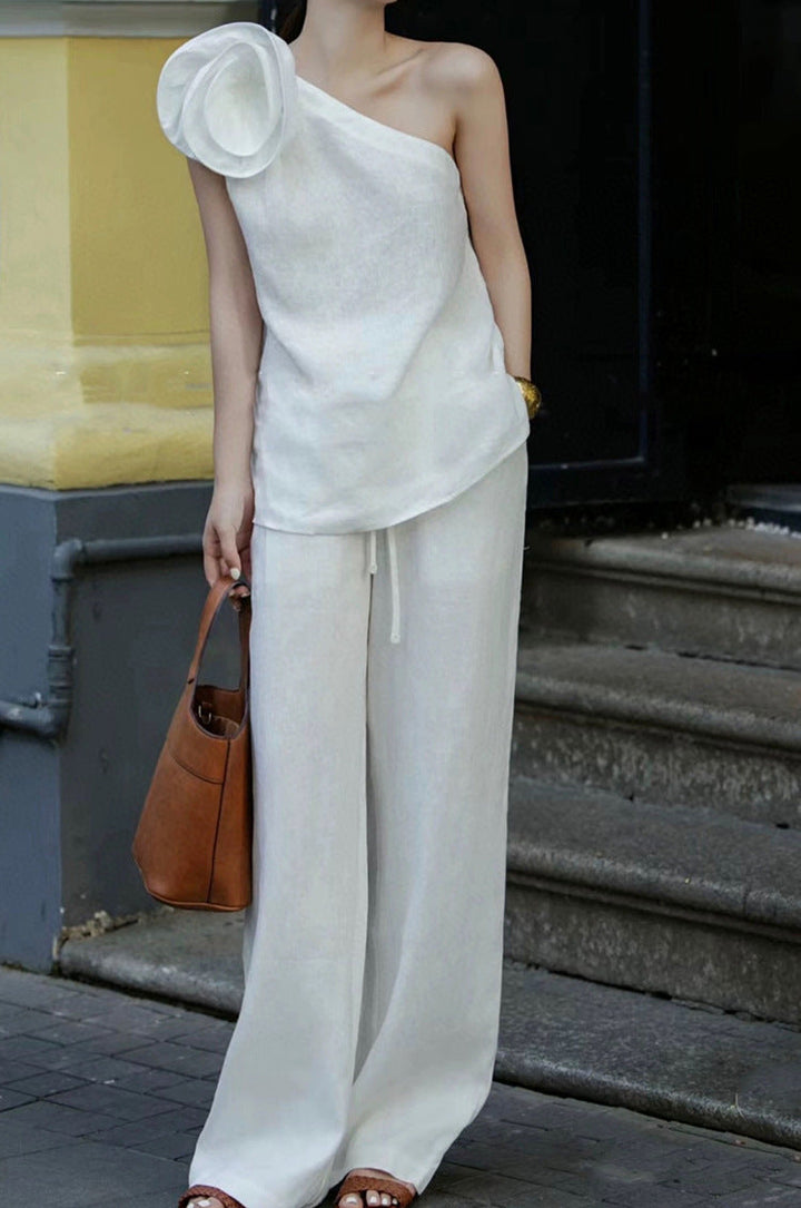 one-shoulder draped top with wide-leg linen trousers – IVORY