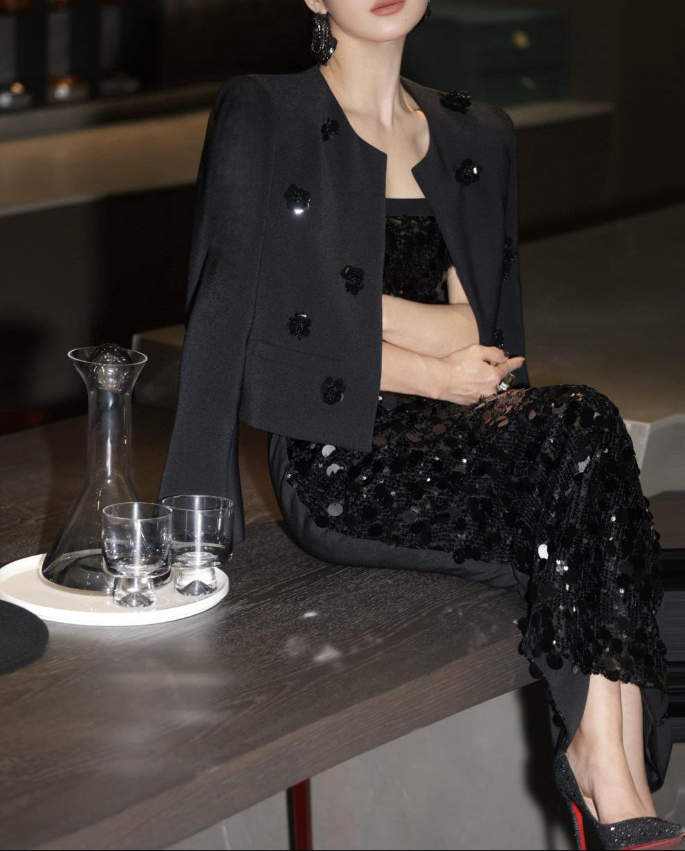 sleeveless sequin column dress with embellished cropped blazer – AURORA