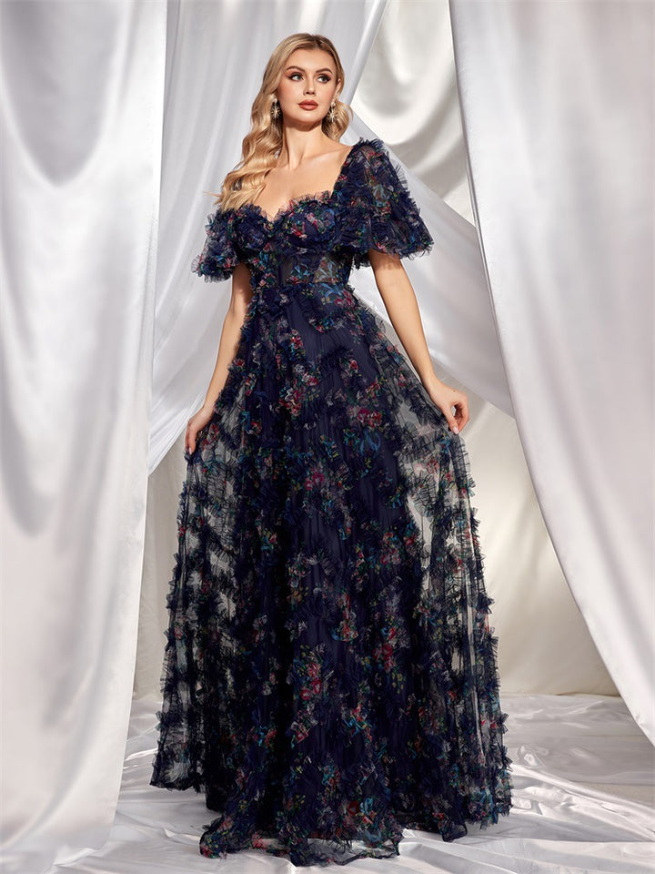 off-shoulder floral tulle gown with puff sleeves – NIGHT