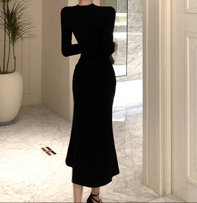 long-sleeve lace panel midi dress with contrast trim – SERENA