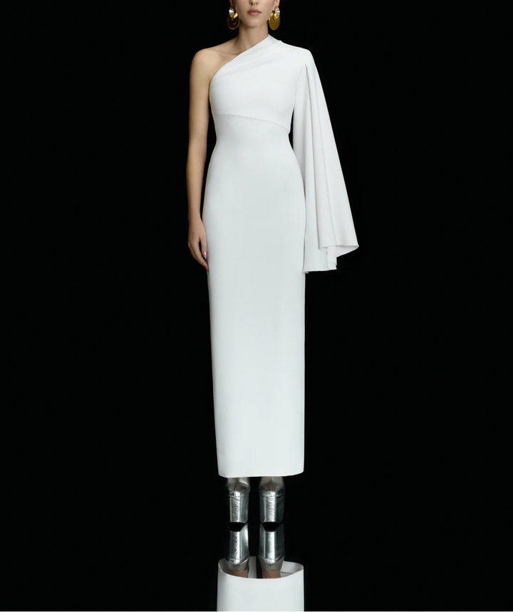 one-shoulder column dress with draped sleeve panel – ELIORA