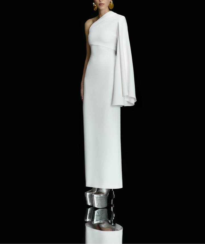 one-shoulder column dress with draped sleeve panel – ELIORA