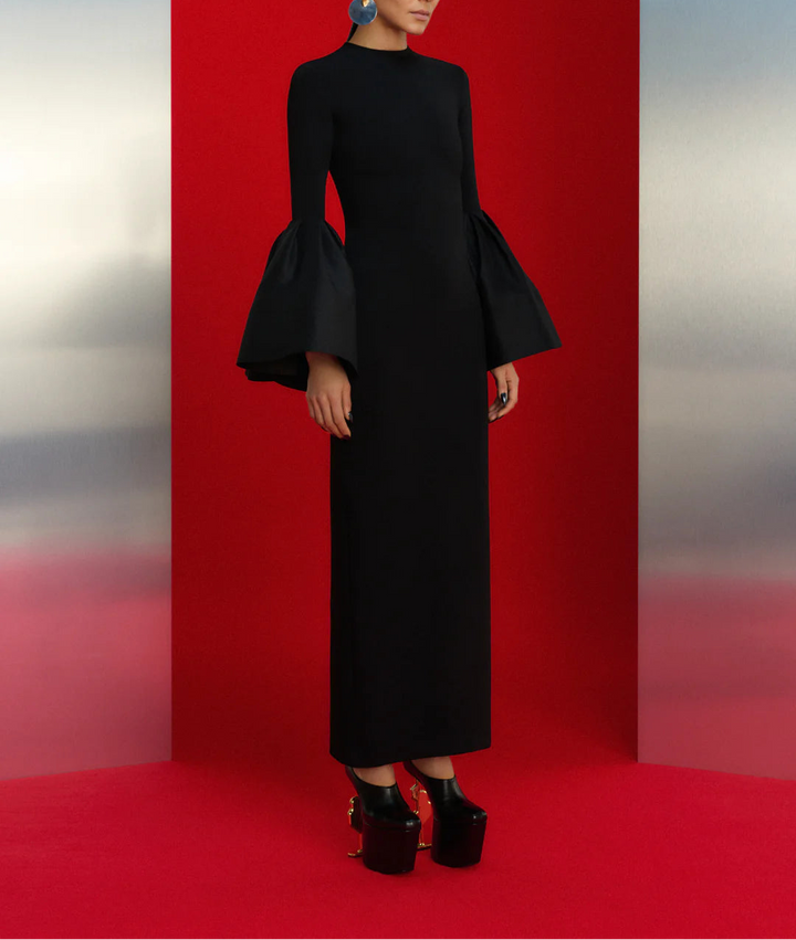long-sleeve column dress with dramatic bell cuffs – SERENA
