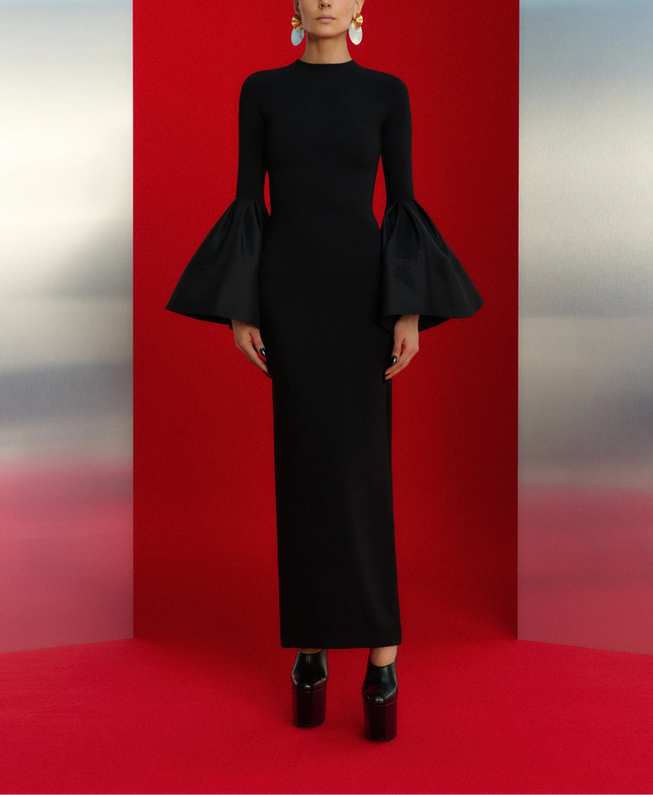 long-sleeve column dress with dramatic bell cuffs – SERENA