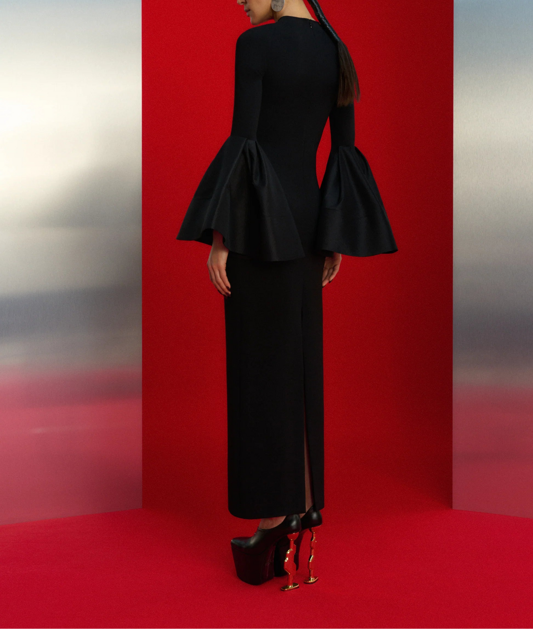 long-sleeve column dress with dramatic bell cuffs – SERENA