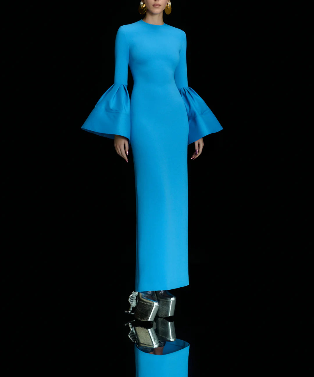 long-sleeve column dress with dramatic bell cuffs – SERENA