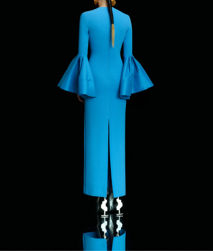 long-sleeve column dress with dramatic bell cuffs – SERENA