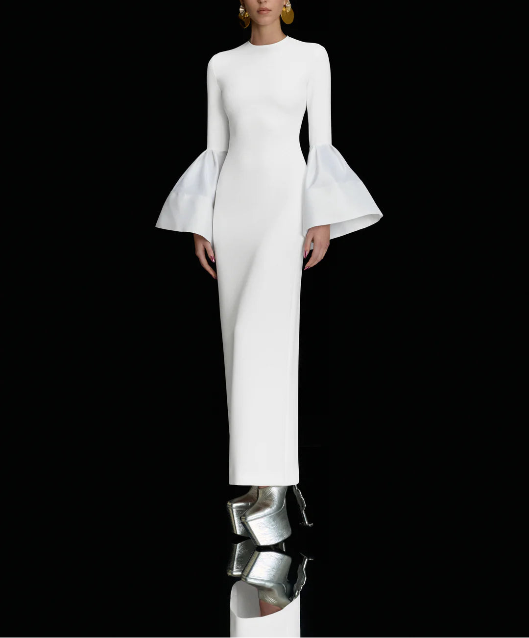 long-sleeve column dress with dramatic bell cuffs – SERENA