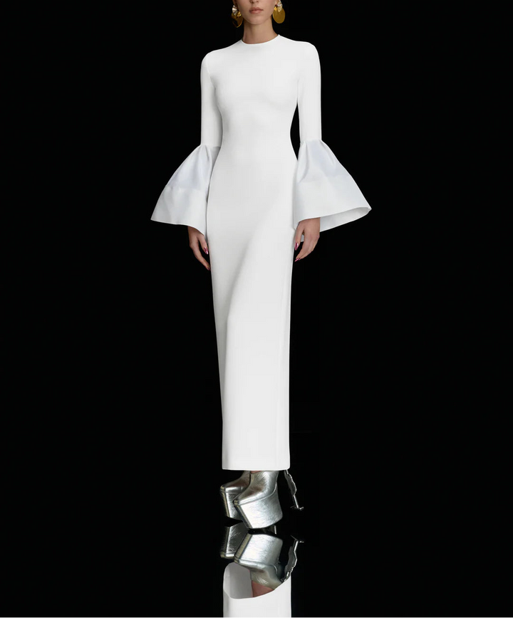 long-sleeve column dress with dramatic bell cuffs – SERENA