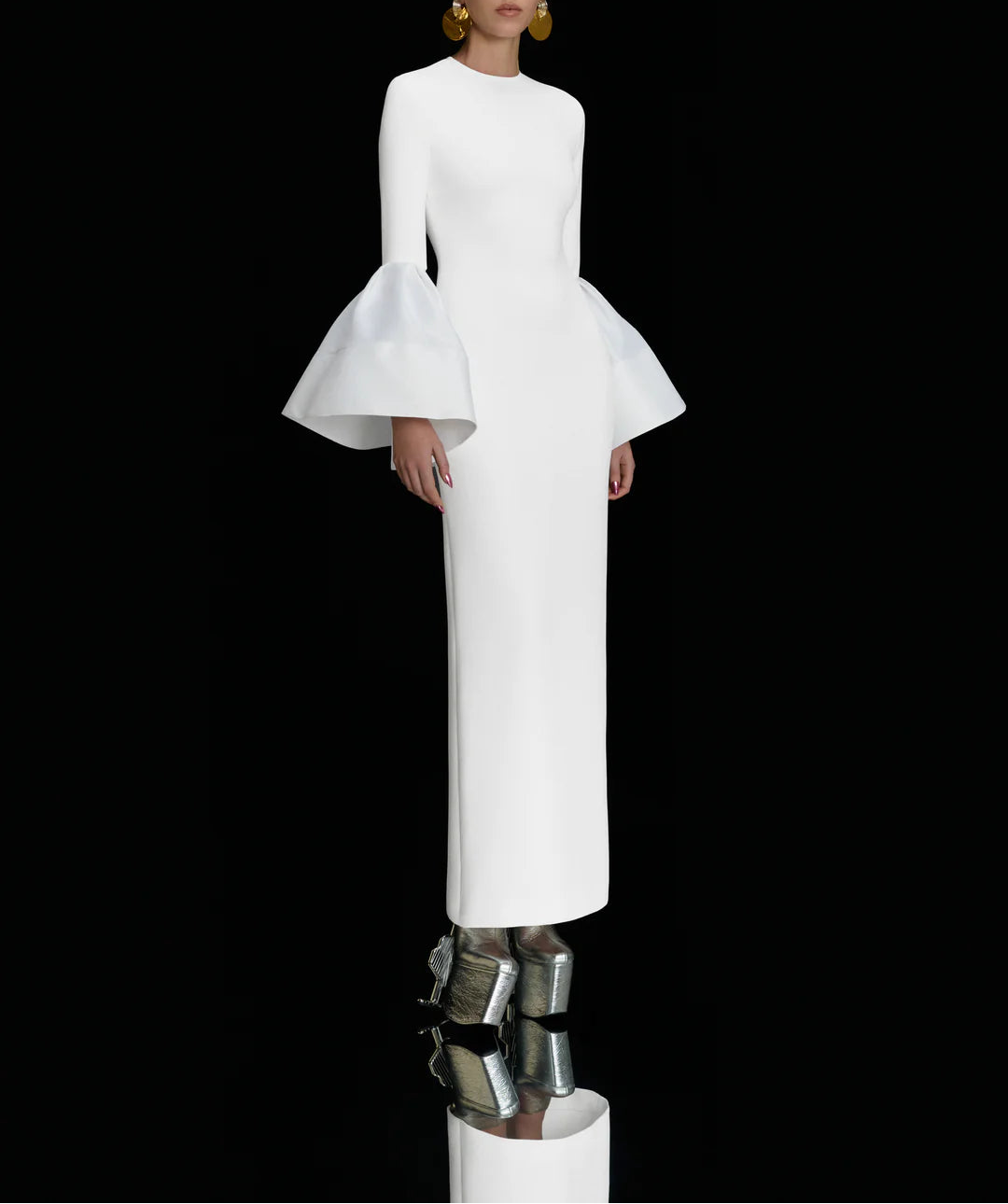 long-sleeve column dress with dramatic bell cuffs – SERENA