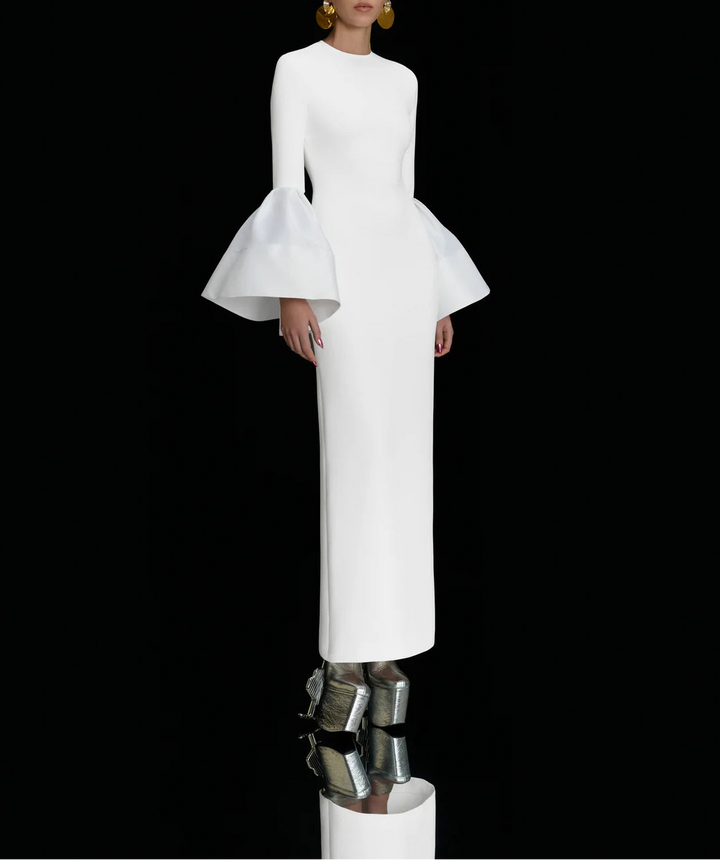 long-sleeve column dress with dramatic bell cuffs – SERENA