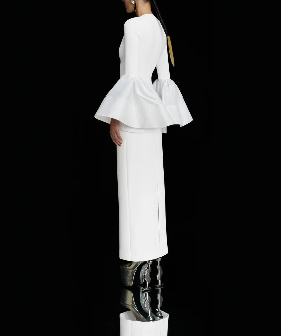 long-sleeve column dress with dramatic bell cuffs – SERENA