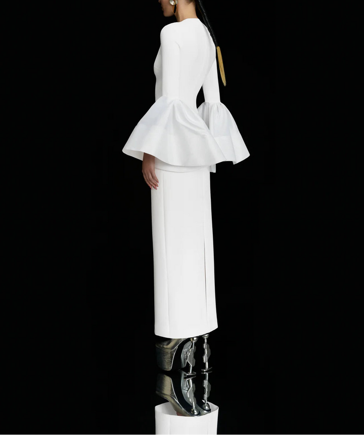 long-sleeve column dress with dramatic bell cuffs – SERENA