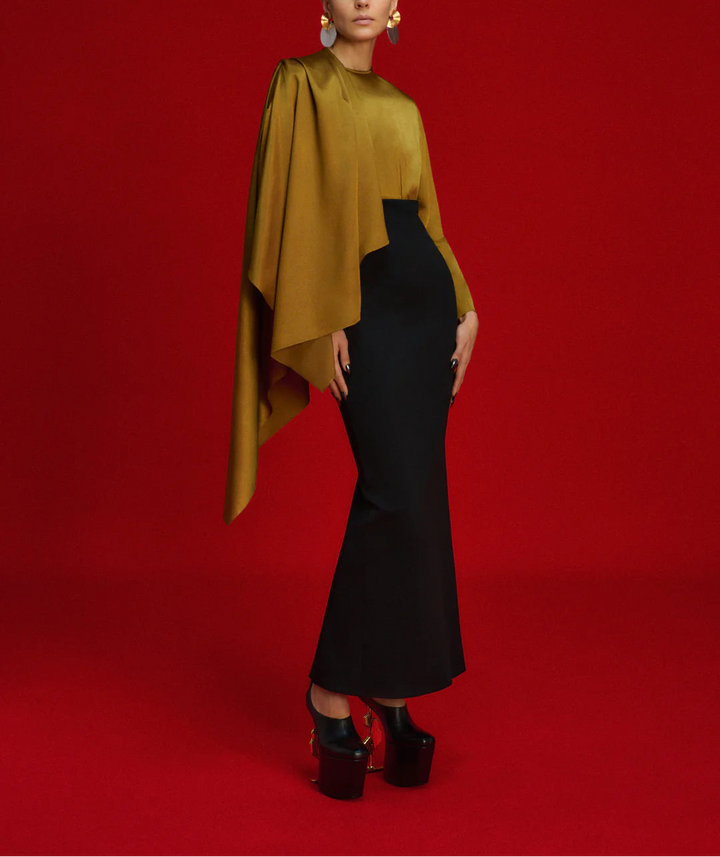 draped satin cape gown with fitted column skirt – RIVER