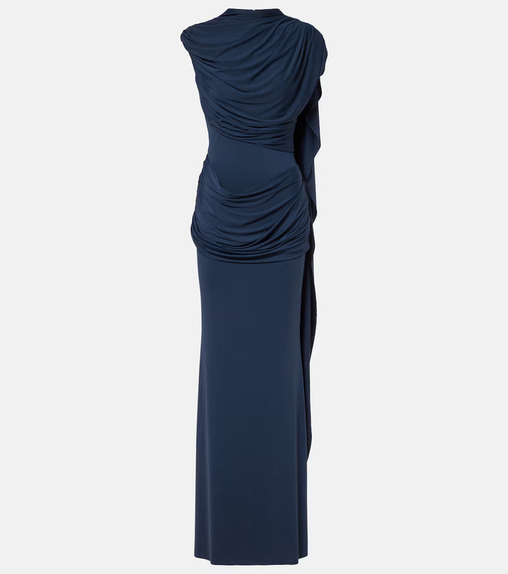 Midnight Blue Draped Cape Evening Gown - Valentina