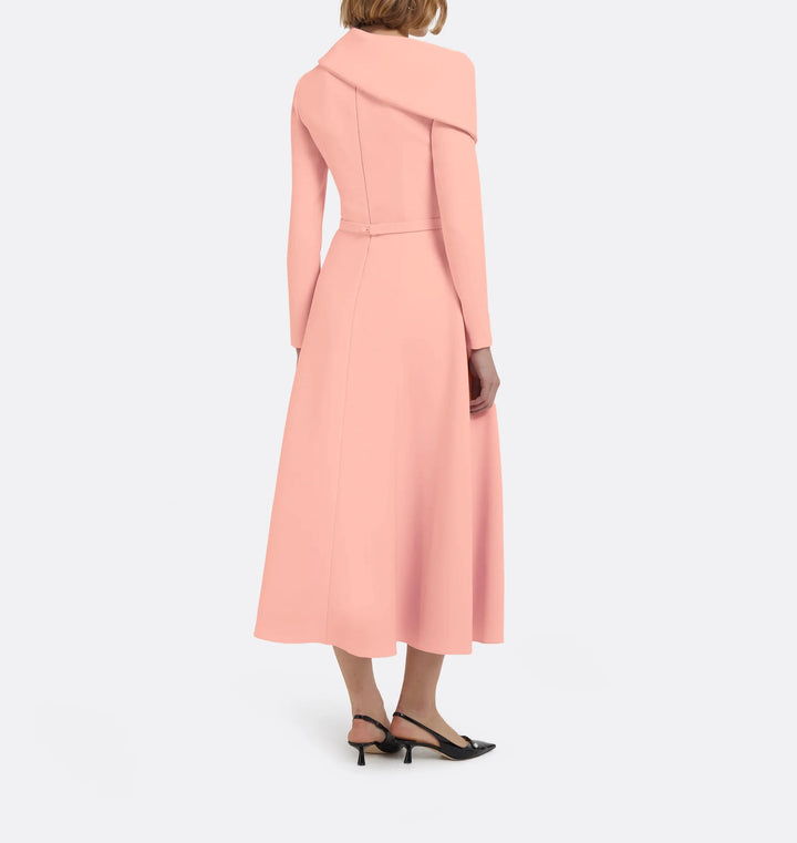 asymmetric neckline midi dress with flared skirt – CORAL