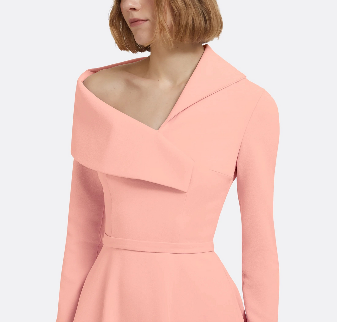 asymmetric neckline midi dress with flared skirt – CORAL