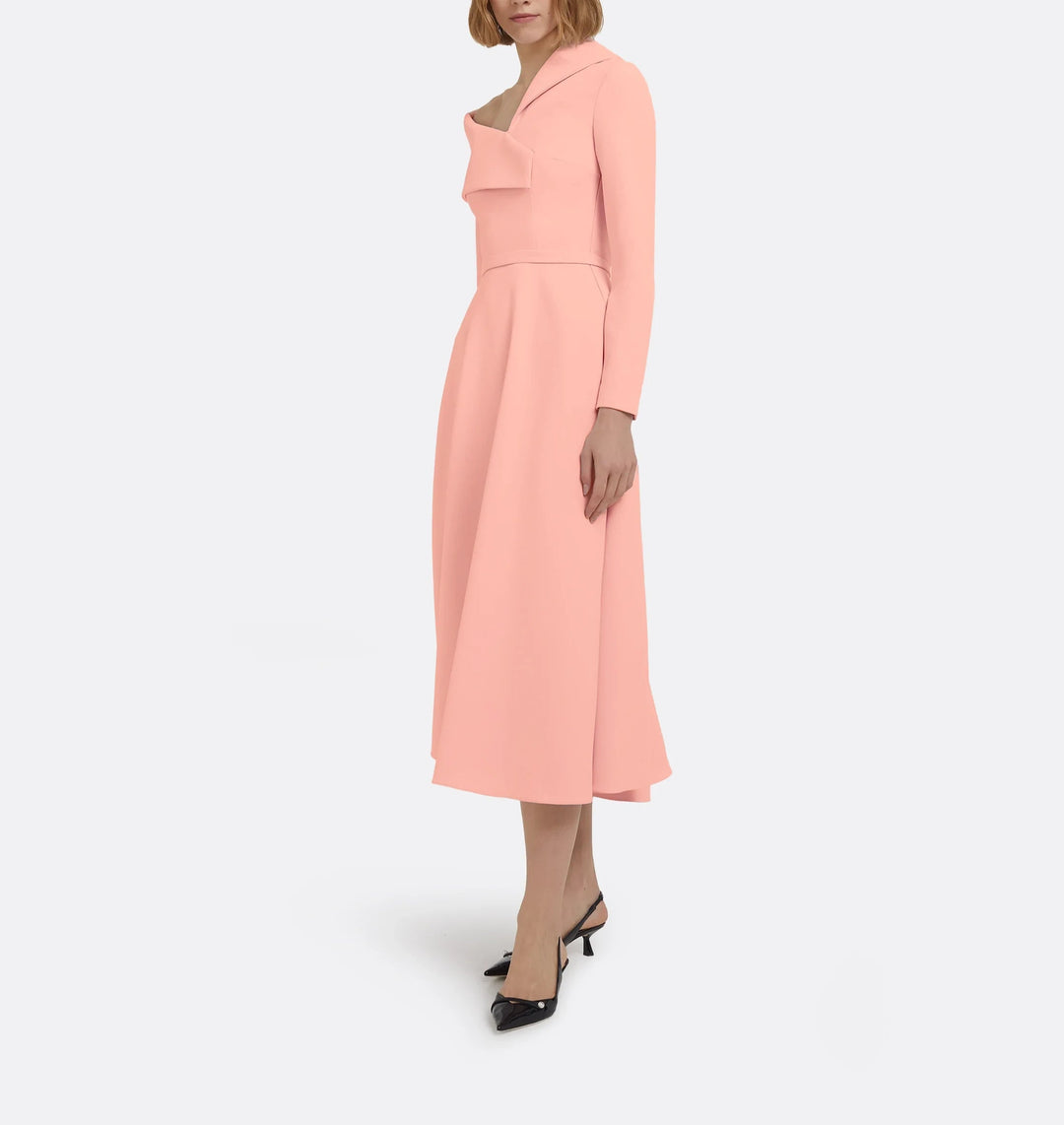 asymmetric neckline midi dress with flared skirt – CORAL