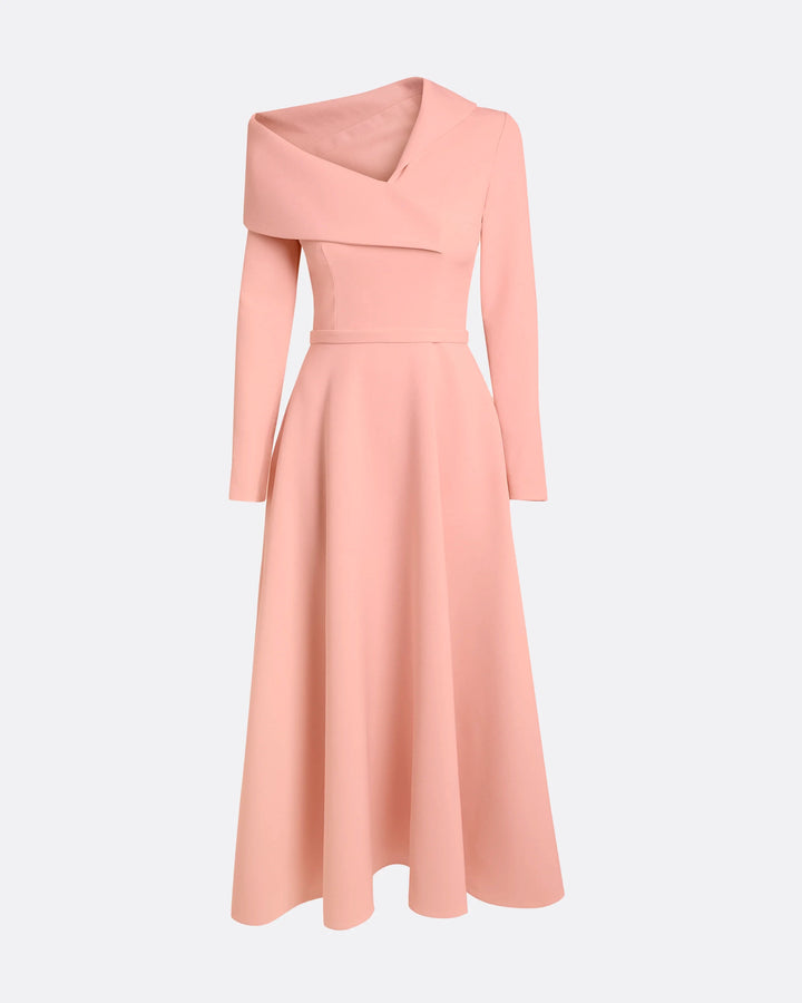 asymmetric neckline midi dress with flared skirt – CORAL