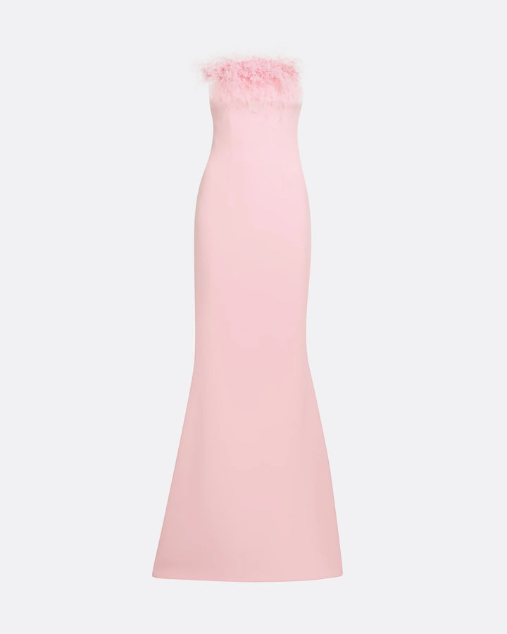 Blush Feather Trim Strapless Evening Gown - Feather