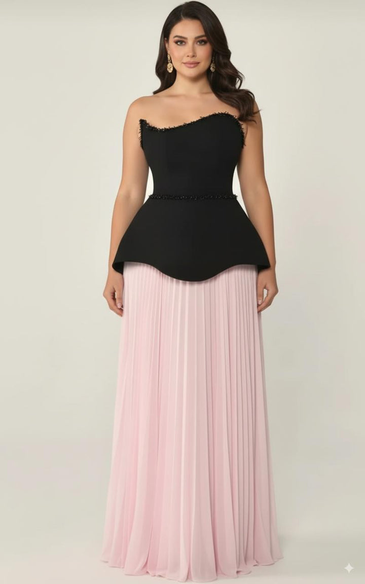 فستان بدون حمالات مطوي مع صد منحوت – نوير روز