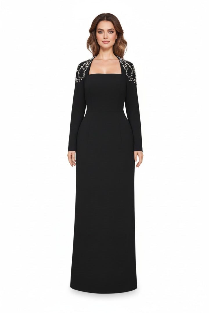 Black column dress with beaded shoulders and long sleeves - Telqo-1