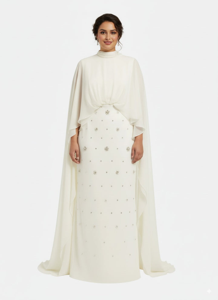 High-neck embellished column dress with layered cape - Mia-1